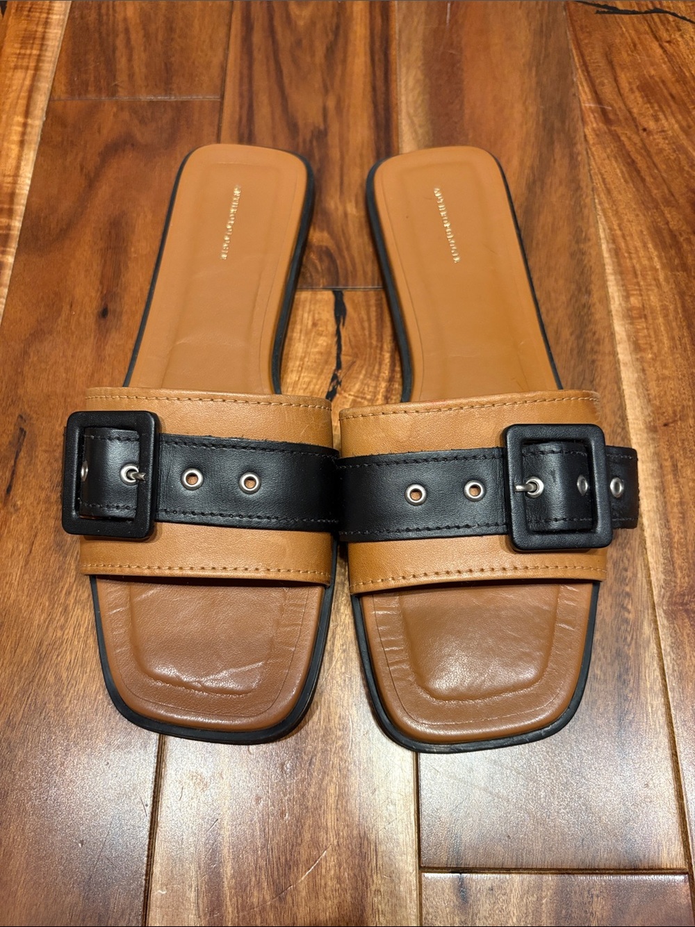 Anthropologie Tan and Black Slide Mules with Buckle Strap